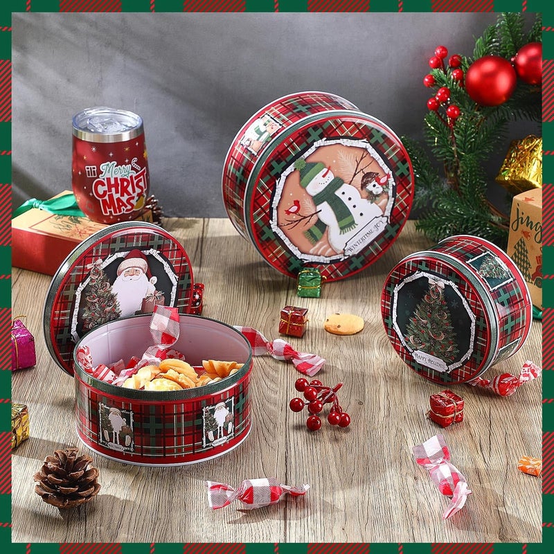 Lingvee 3 Pcs Christmas Cookie Tin with Lids for Gift Giving Tin Containers Round Festive Cookie Tins Metal Nesting Containers Large Medium Small - Image 3